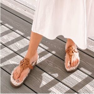 Tory Burch Miller Cloud Shearling/Leather Sandals 7.5 Tan